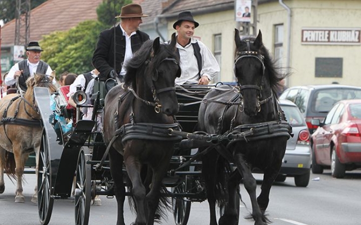 Néptáncosok találkozója lovaskocsis felvonulással a belvárosban 